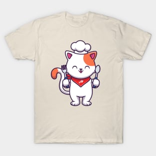 Cute Cat Chef Holding Fork And Spoon T-Shirt